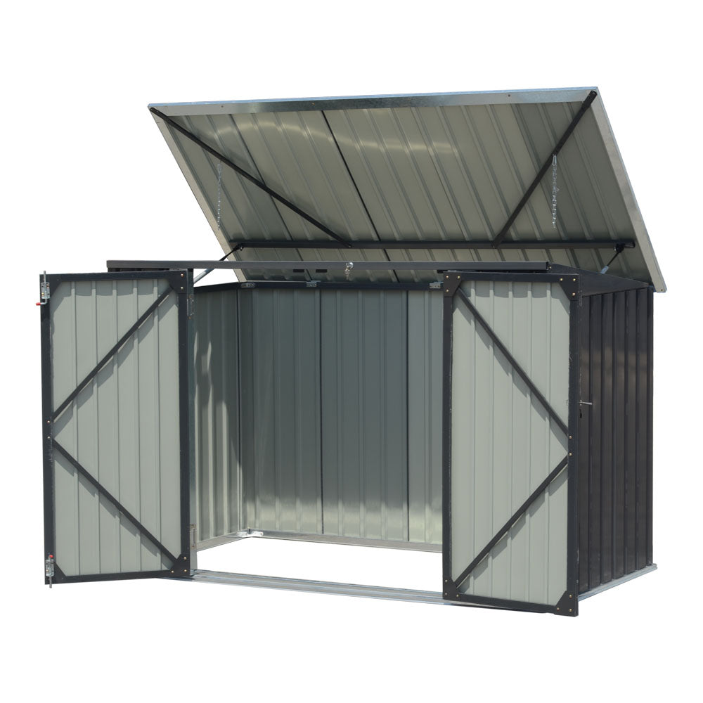 Garden Sanctuary outdoor storage shed for rubbish bin, weather-resistant garden shed with secure door for waste bin storage.