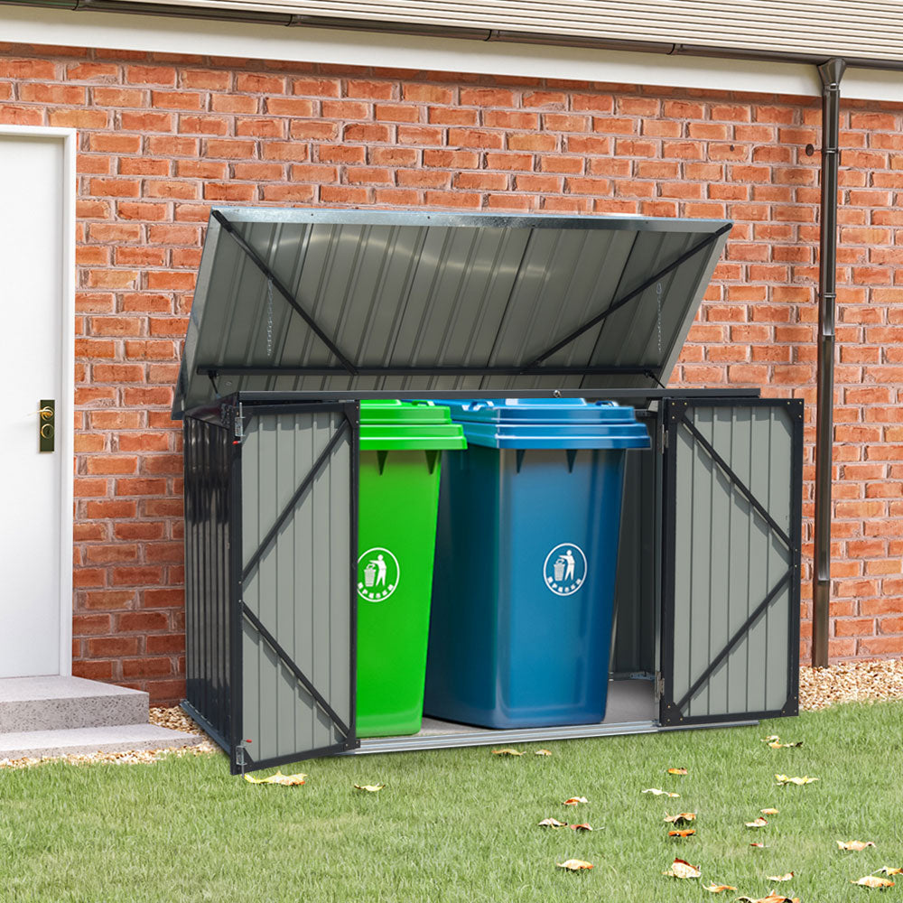 Garden Sanctuary outdoor storage shed for rubbish bins, weather-resistant garden shed with double doors and secure lid.