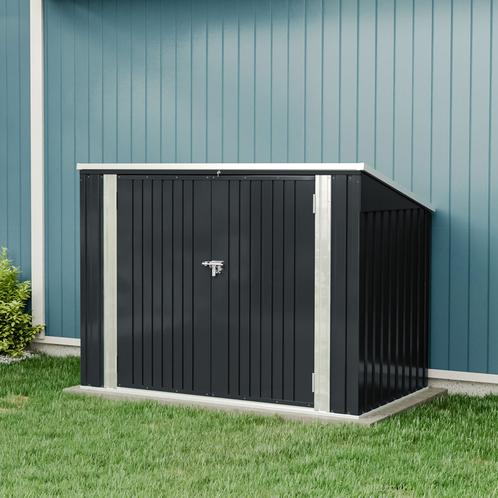 Garden Sanctuary outdoor storage shed for rubbish bins, weather-resistant garden shed with double doors and secure lid.
