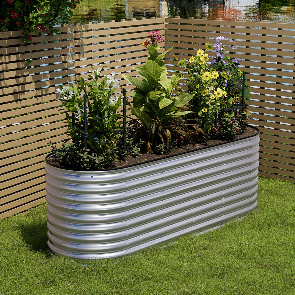 Silver galvanized steel raised garden bed, 80cm height, Garden Sanctuary brand, ideal for outdoor vegetable or flower gardening.
