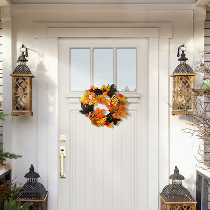 Realistic Halloween wreath with LED lights, garden sanctuary Halloween decor featuring autumnal foliage and spooky accents.