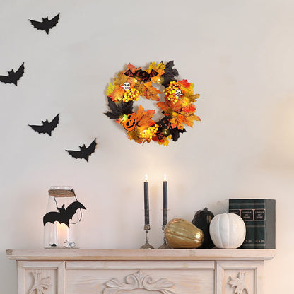 Realistic Halloween decoration wreath with LED lights from Garden Sanctuary, featuring spooky autumn-themed foliage and glowing accents.