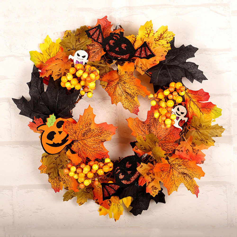 Realistic Halloween decor wreath with LED lights from Garden Sanctuary featuring autumn leaves and spooky accents for festive display