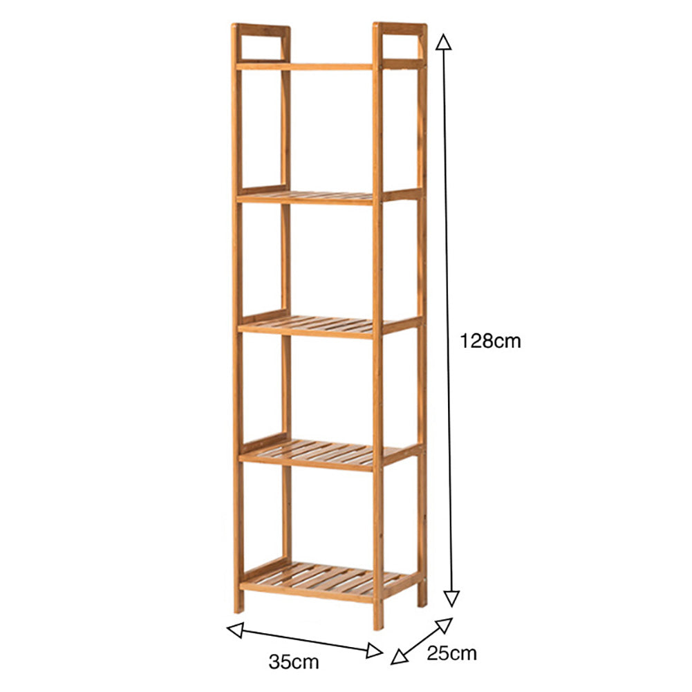 Tiered bamboo wood book storage shelf rack by Garden Sanctuary with multiple tiered compartments for organizing books and decor.