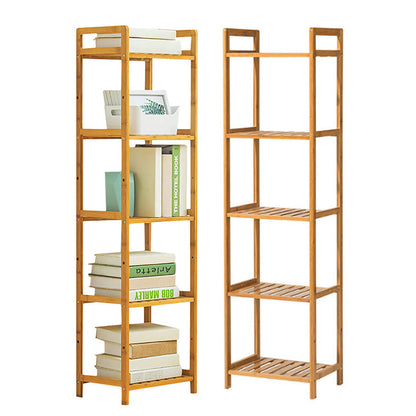 Tiered bamboo wood book storage shelf rack by Garden Sanctuary, showcasing multiple tiered compartments for organizing books and decor.