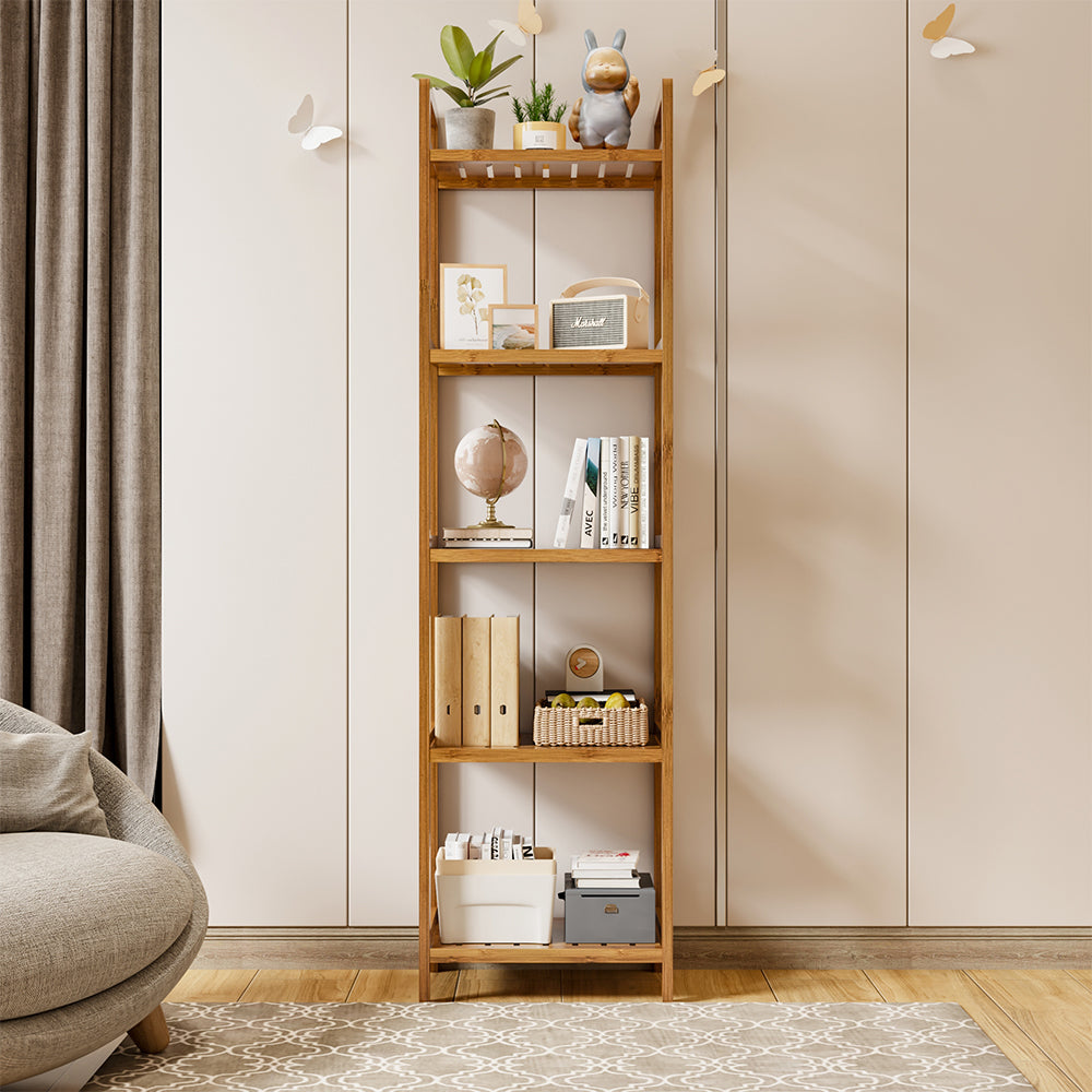 Tiered bamboo wood book storage shelf rack by Garden Sanctuary with multiple open shelves for organized book display