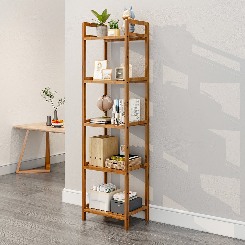 Tiered bamboo wood book storage shelf rack by Garden Sanctuary, featuring multiple tiers for organizing books and decor.