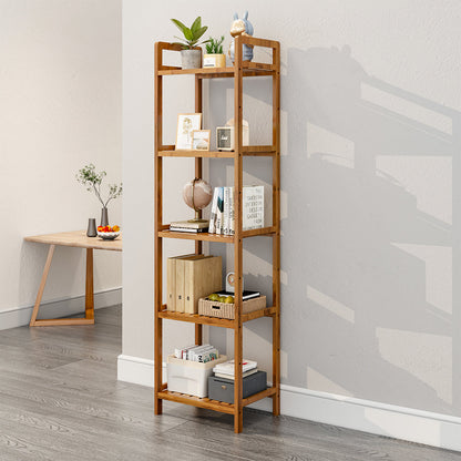 Tiered bamboo wood book storage shelf rack by Garden Sanctuary, featuring multiple tiers for organizing books and decor.