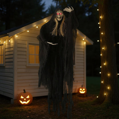 Halloween hanging skeleton ghost decor with sensor from Garden Sanctuary, featuring a spooky skeleton and ghost design for outdoor decoration