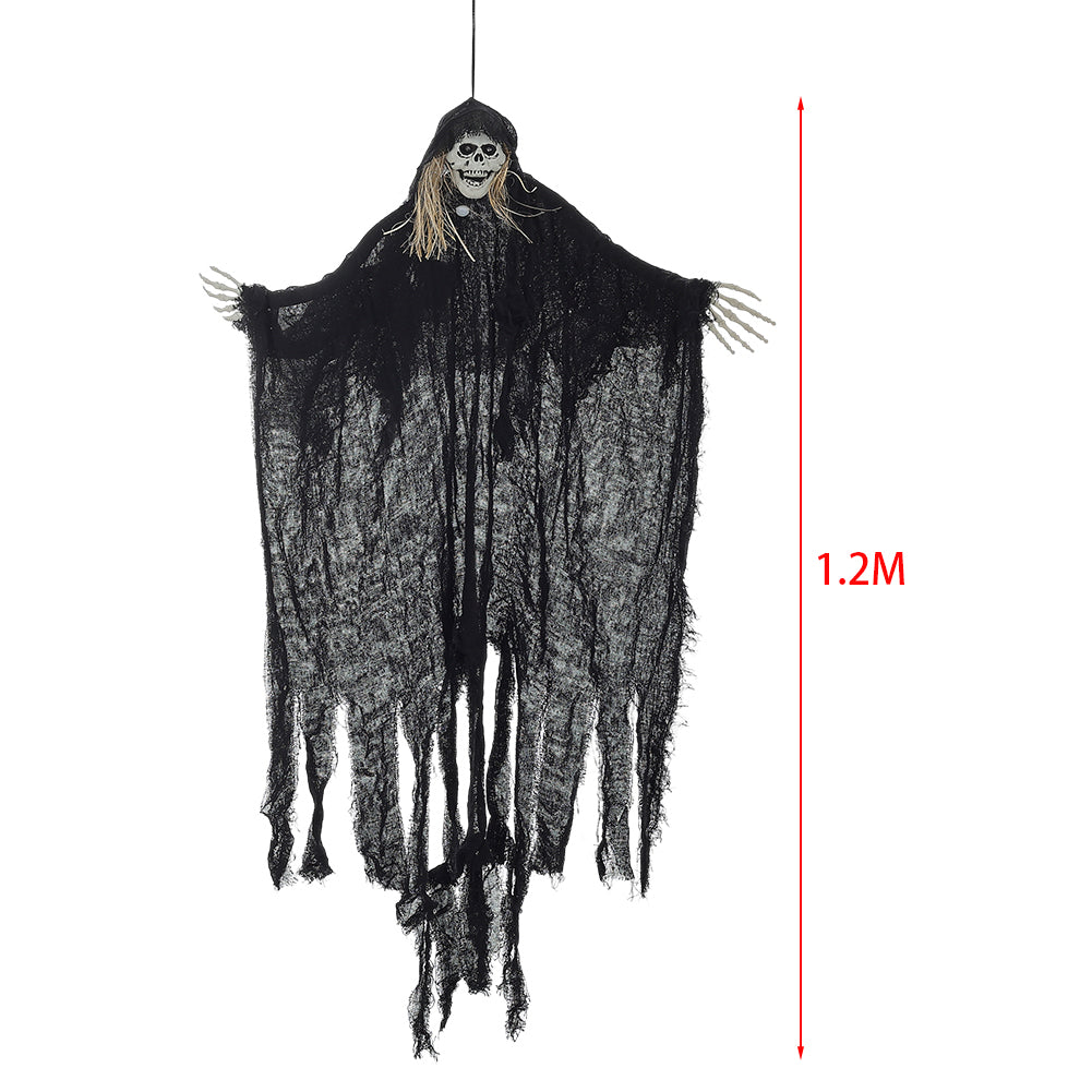 Halloween hanging skeleton ghost decor with sensor from Garden Sanctuary, featuring spooky skeleton and ghost design for festive decoration.