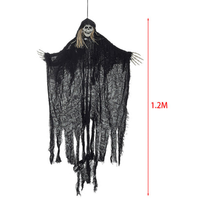 Halloween hanging skeleton ghost decor with sensor from Garden Sanctuary, featuring spooky skeleton and ghost design for festive decoration.