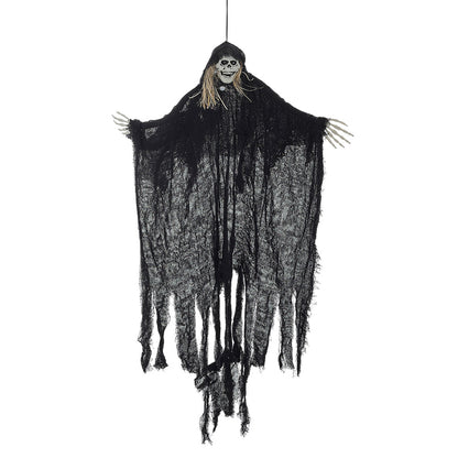 Halloween hanging skeleton ghost decor with sensor from Garden Sanctuary, perfect spooky outdoor Halloween decoration.