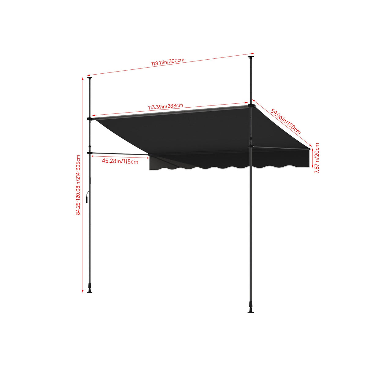 Garden Sanctuary retractable awning with adjustable support poles, showcasing its fabric canopy extended over a patio space.