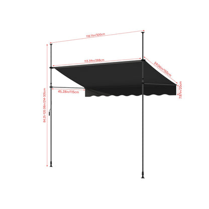 Garden Sanctuary retractable awning with adjustable support poles, showcasing its fabric canopy extended over a patio space.
