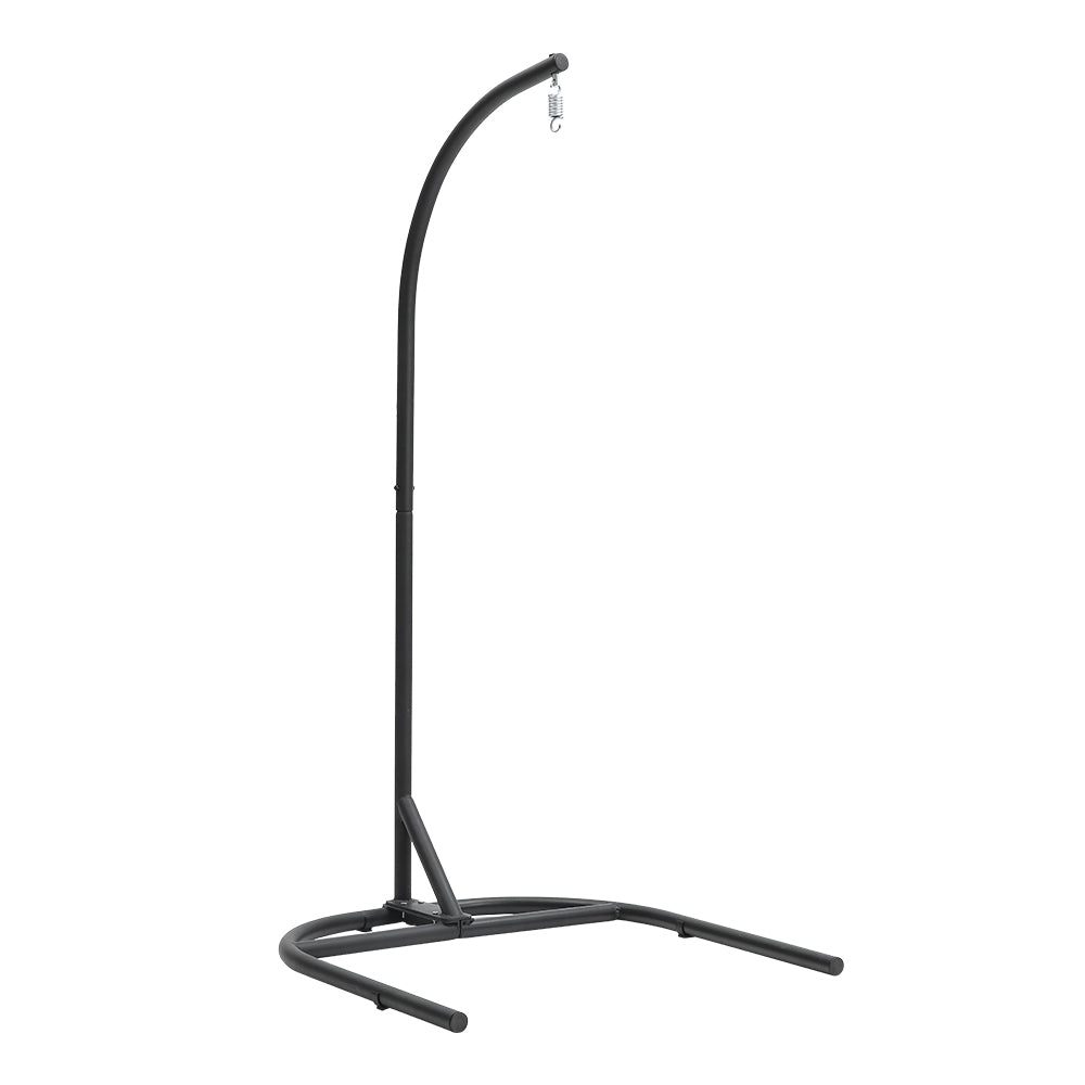 Garden Sanctuary outdoor hanging egg-shaped chair, stylish and comfortable outdoor seating with a woven design and sturdy stand.