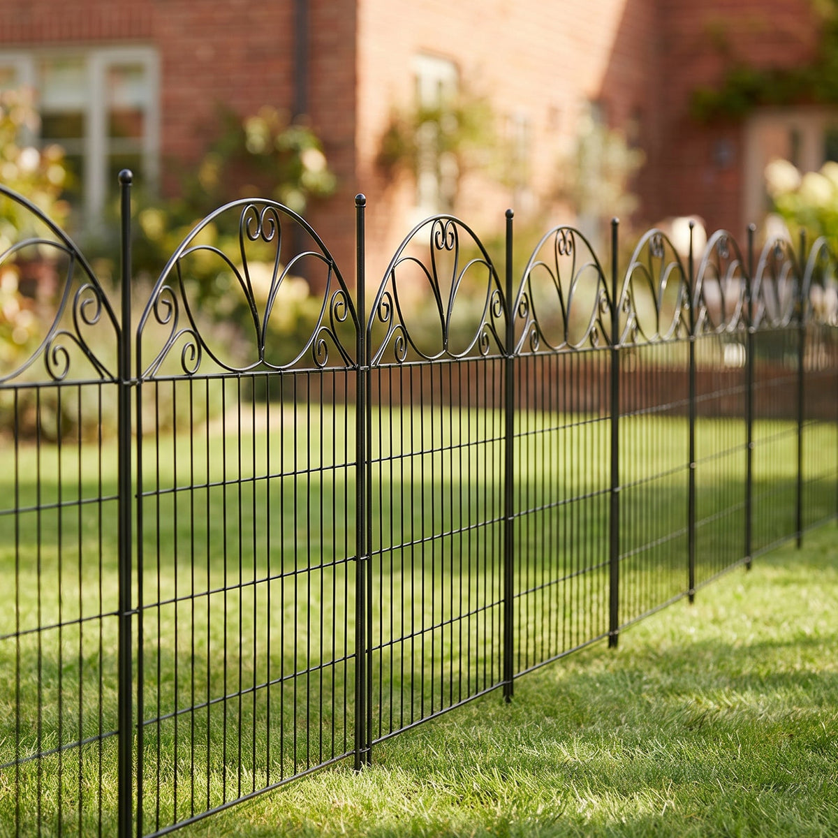 Decorative 10-panel garden fence set by Garden Sanctuary featuring wood panels and metal posts for outdoor landscaping.