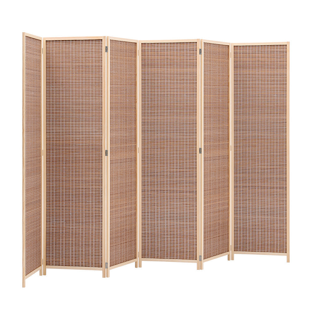 Brown bamboo woven 6-panel folding room divider by Garden Sanctuary, featuring a natural bamboo design for stylish room separation.