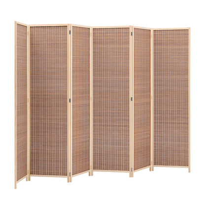 Brown bamboo woven 6-panel folding room divider by Garden Sanctuary, featuring a natural bamboo design for stylish room separation.