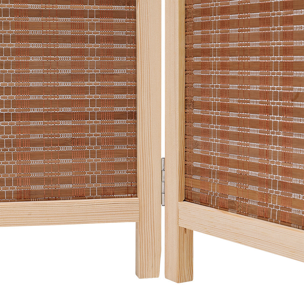 Brown bamboo woven 6-panel folding room divider by Garden Sanctuary, showcasing a natural textured design for interior privacy.