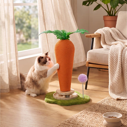 Garden Sanctuary carrot-shaped cat scratching post with turntable toy, designed for cats to scratch and play.