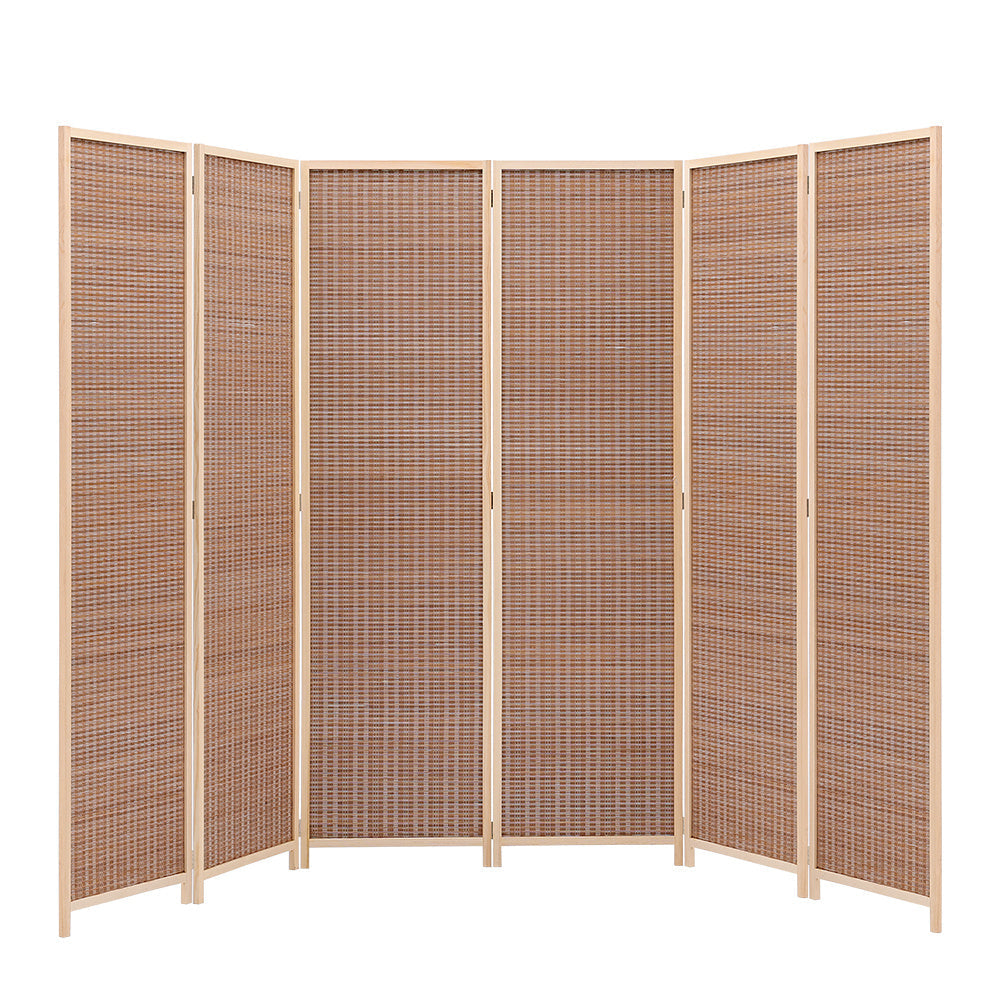 Brown bamboo woven 6-panel folding room divider by Garden Sanctuary, showcasing a natural, textured bamboo design for interior privacy.