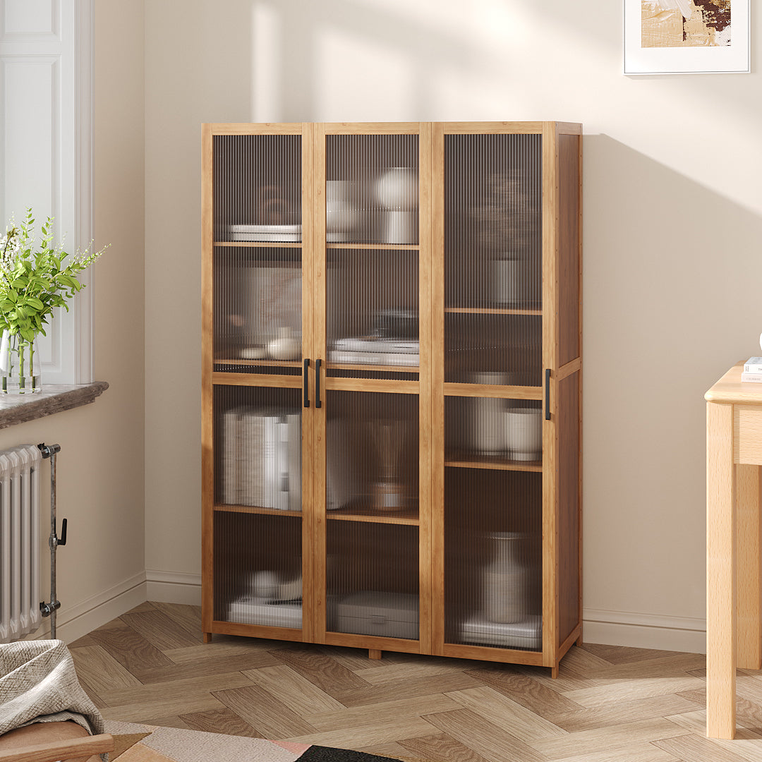 Garden Sanctuary storage cabinet with clear acrylic doors and sleek wooden finish, ideal for organizing home or office space.