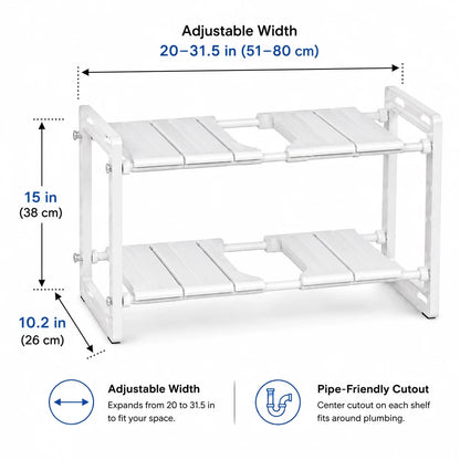 Adjustable 2-Tier Under-Sink Organiser Rack, White, 51-80 x 26 x 38 cm