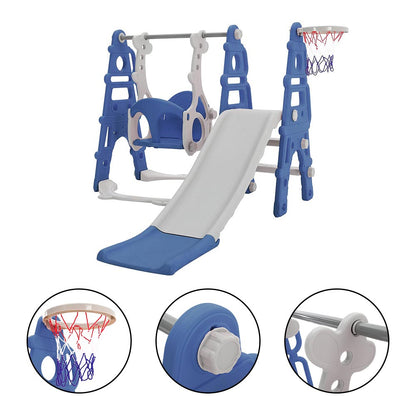 Garden Sanctuary blue and pink kids toddler swing and slide set with basketball hoop, colorful outdoor activity toy for children.