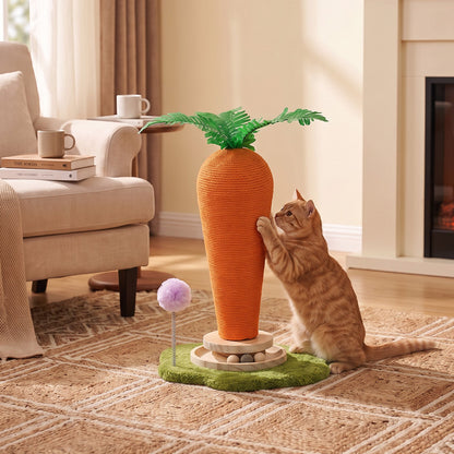 Garden Sanctuary carrot-shaped cat litter box with built-in scratching post and turntable toy for feline entertainment and comfort.