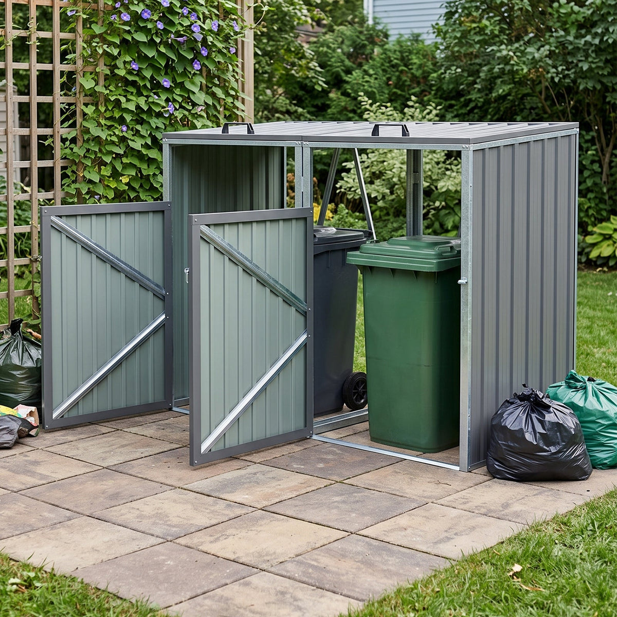 Garden Sanctuary 5x4 ft metal double bin storage shed with sturdy construction and secure double doors for outdoor organization.