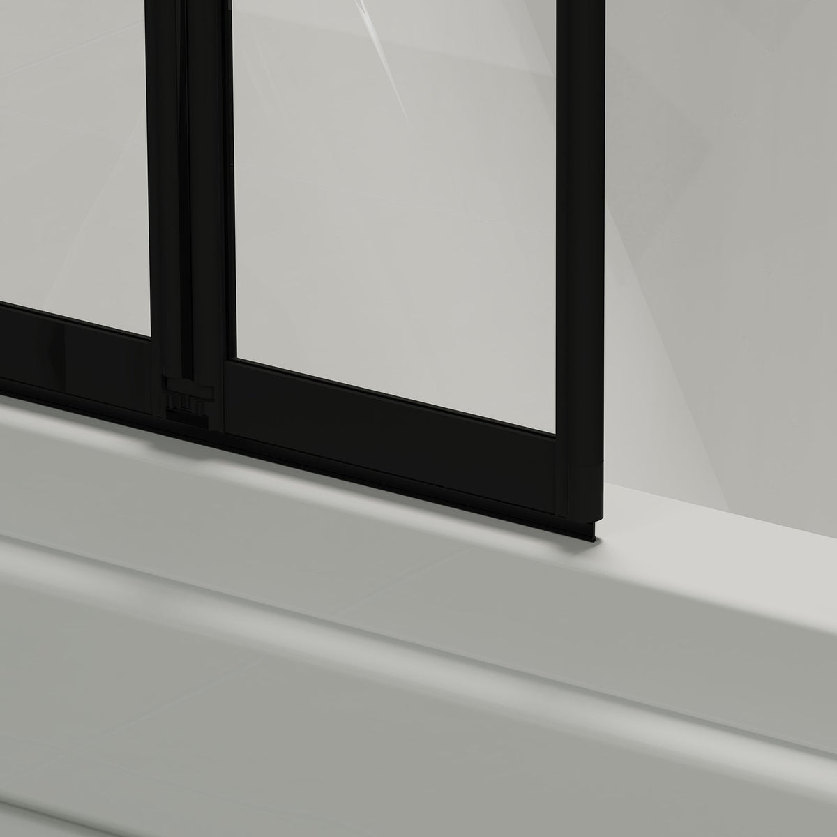 Garden Sanctuary 4 Panel Folding Over Bath Shower Screen showing frosted glass panels and hinges for easy folding and space saving.