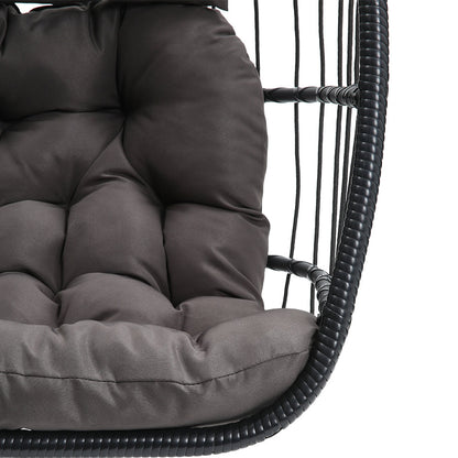 Garden Sanctuary outdoor hanging egg-shaped chair for outdoor relaxation, featuring a cozy, egg-shaped design with a sturdy frame.