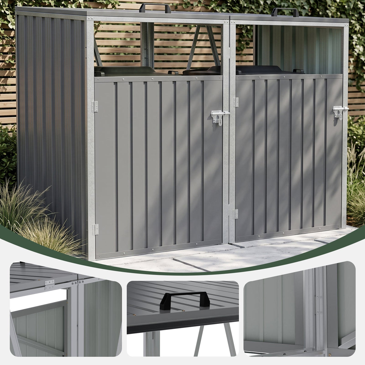 Metal double bin storage shed by Garden Sanctuary, 5x4 ft, with secure double doors and durable steel construction.