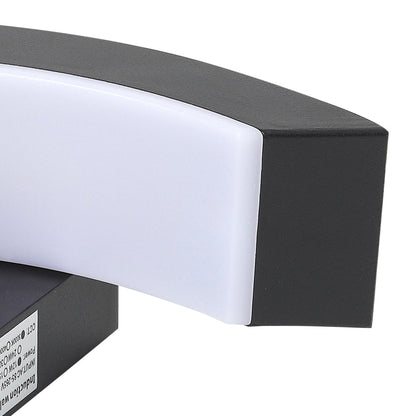 Modern black LED curved outdoor wall light by Garden Sanctuary, mounted on a wall, illuminating outdoor space with sleek design.
