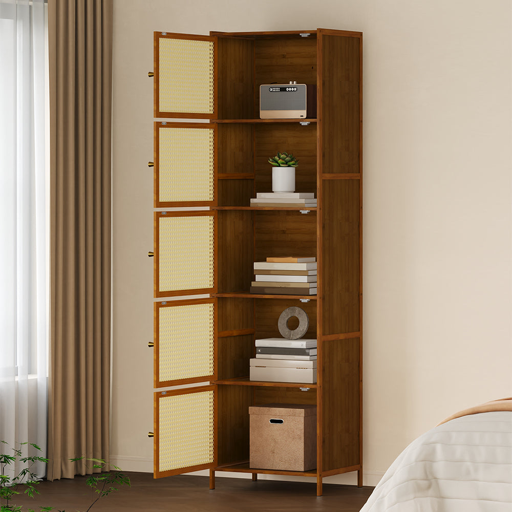 Garden Sanctuary narrow bookcase storage cabinet with doors, featuring a sleek wooden design and ample internal shelving.