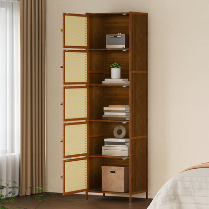Garden Sanctuary narrow bookcase storage cabinet with doors, featuring a sleek wooden design and ample internal shelving.