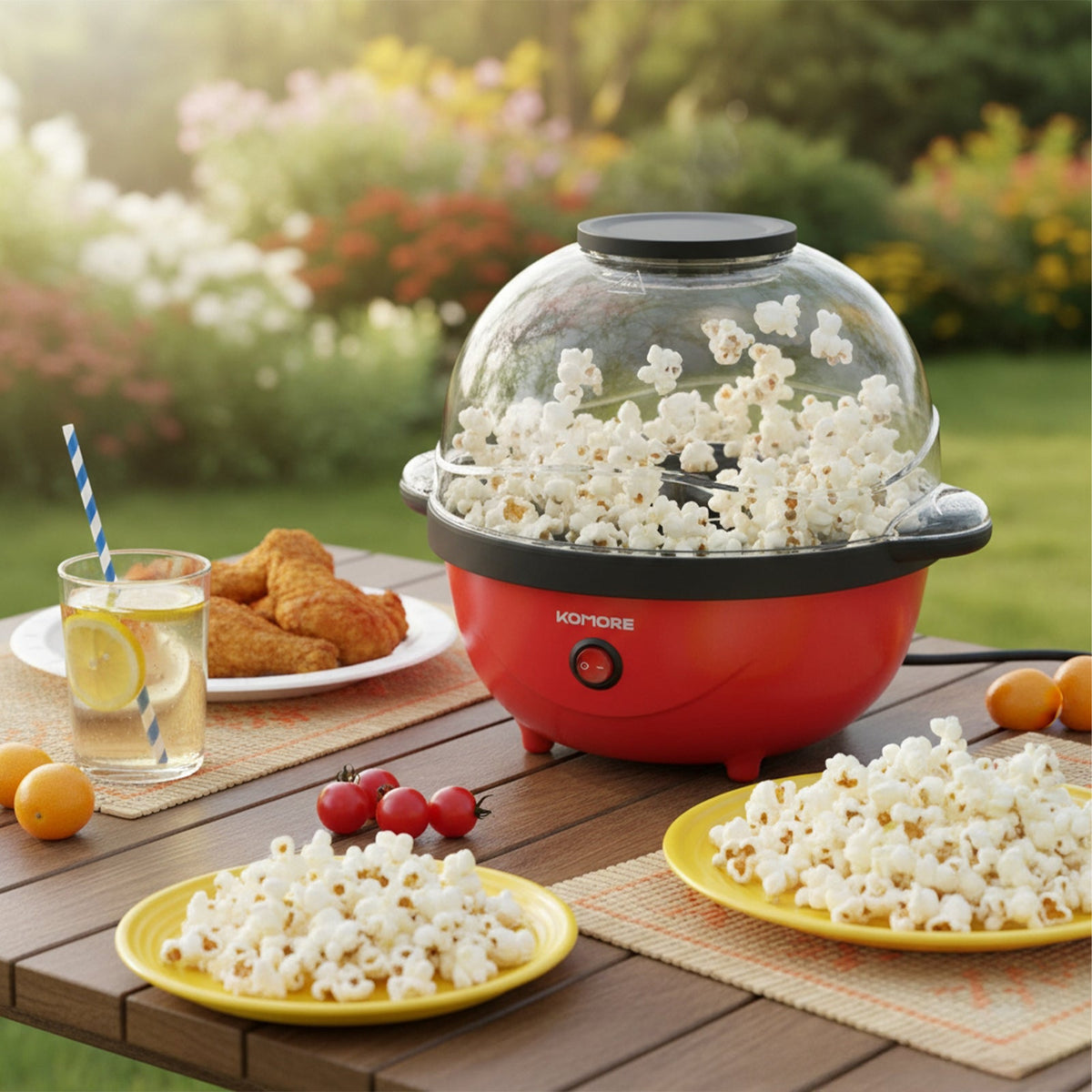 Garden Sanctuary 650W electric popcorn maker with heater, showing the compact machine with a popcorn bowl and heating element.