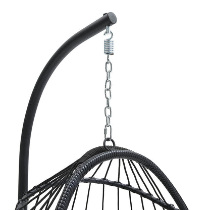 Garden Sanctuary outdoor hanging egg-shaped chair with plush cushions, designed for comfortable outdoor lounging and relaxation.