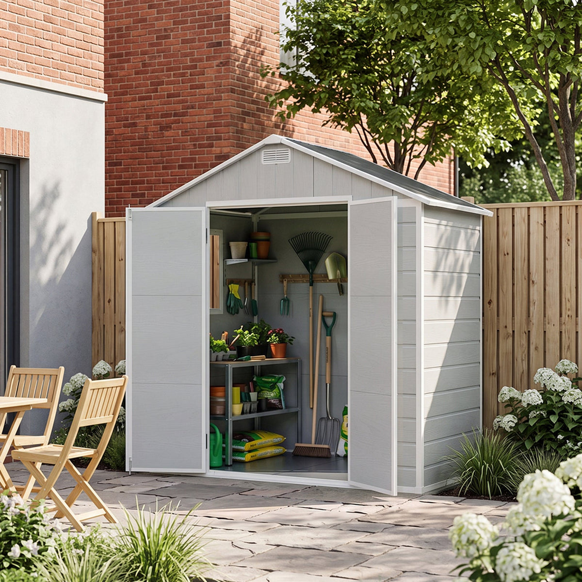 Plastic garden storage shed with apex roof and lockable double doors, 8 x 4 ft, by Garden Sanctuary.