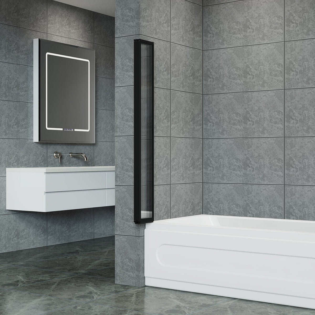 Four-panel folding over bath shower screen from Garden Sanctuary, with clear glass panels and silver hinges for easy access.