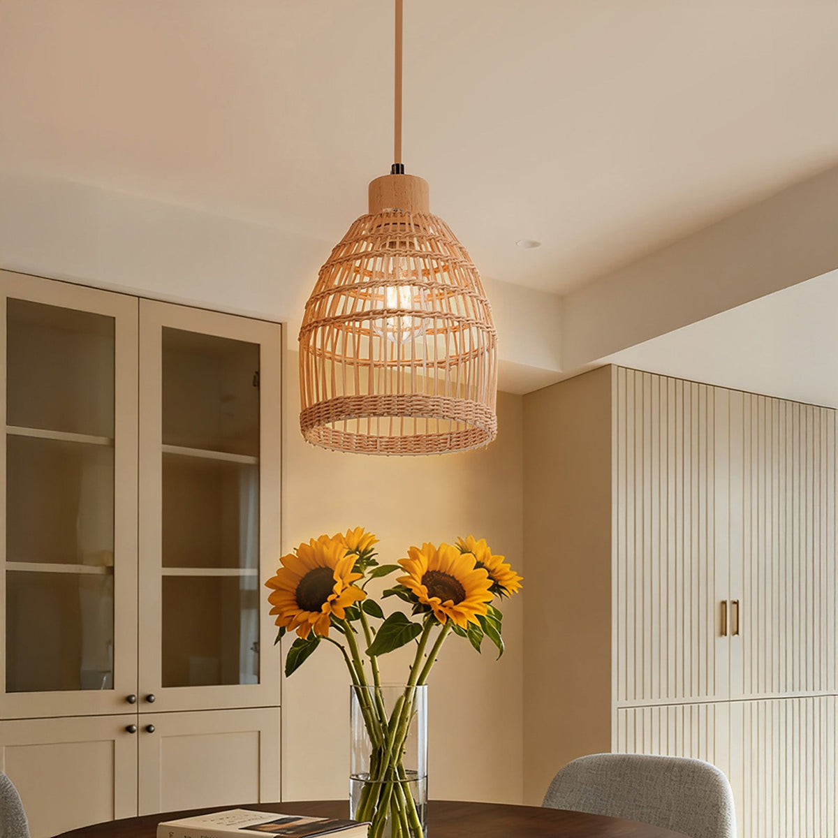 E27 bamboo-woven ceiling pendant light from Garden Sanctuary hanging from ceiling with warm ambient lighting.