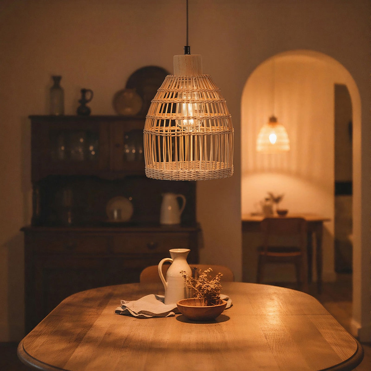 E27 bamboo-woven ceiling pendant light from Garden Sanctuary hanging in a modern interior