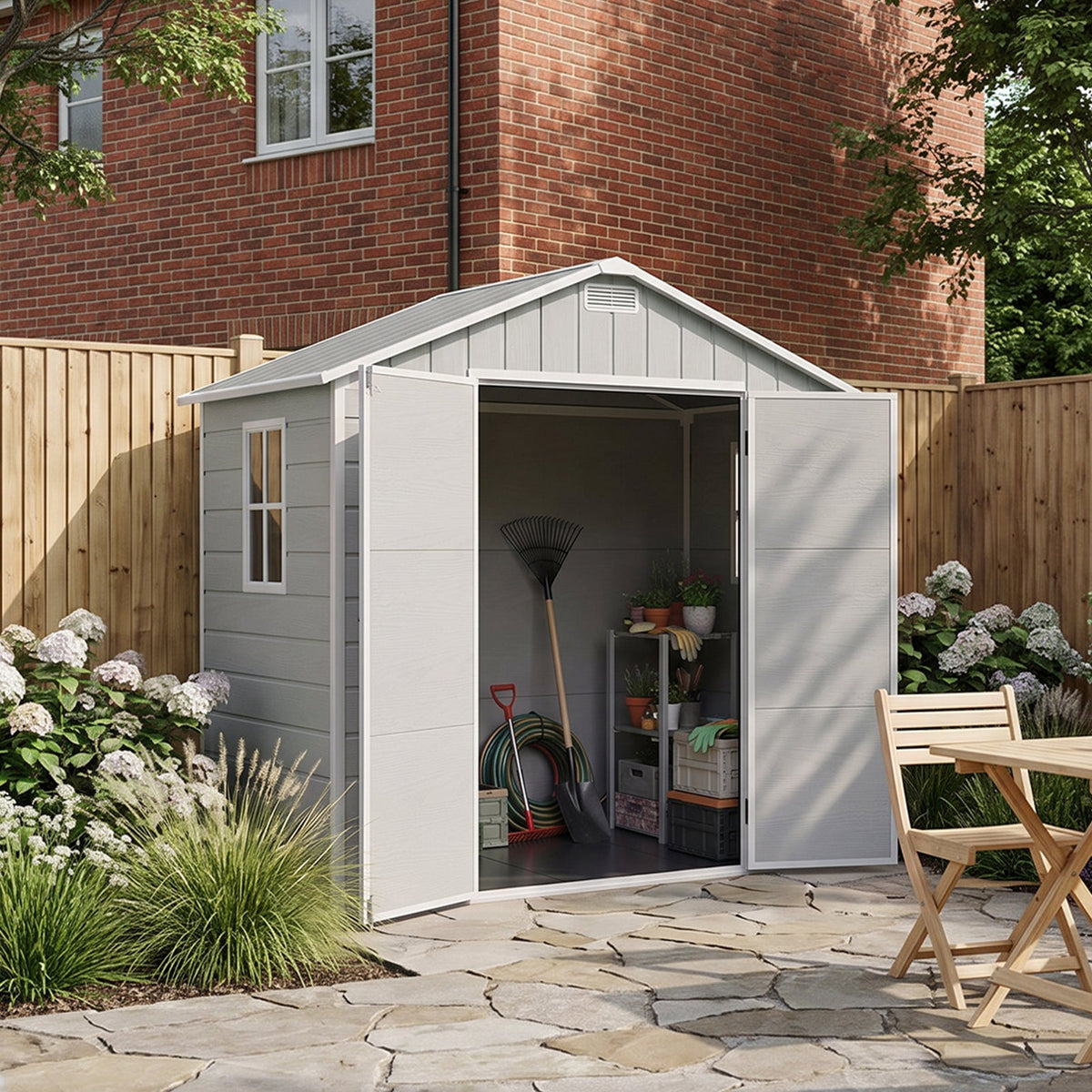 8 x 4 ft plastic garden storage shed with apex roof and lockable double doors by Garden Sanctuary, shown in outdoor setting