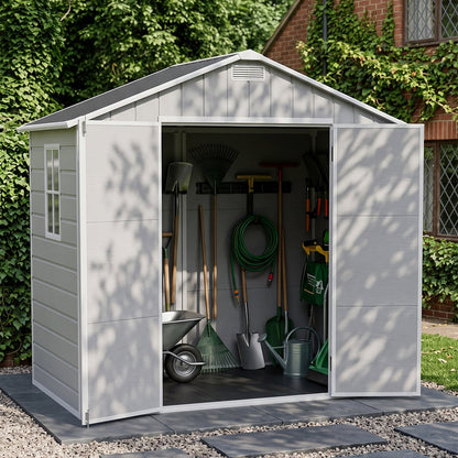 Plastic garden storage shed with apex roof and lockable double doors, 8x4 feet, by Garden Sanctuary for outdoor organization.