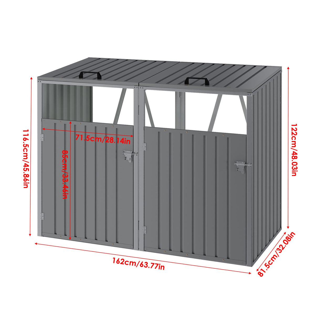 Garden Sanctuary 5x4 ft metal double bin storage shed with double doors and ventilation for outdoor organization.