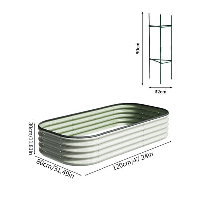 Galvanized steel raised garden bed by Garden Sanctuary for outdoor gardening and storage, with a sturdy rectangular design.