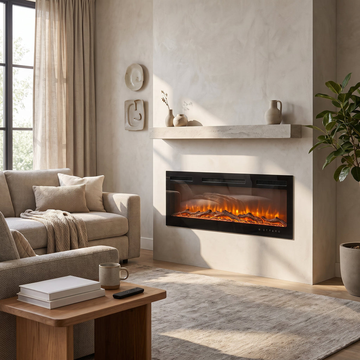 Garden Sanctuary 40-70 inch freestanding smart electric fireplace with 12 flame colors, modern design and realistic fire display.