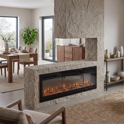 Garden Sanctuary 40-70 inch freestanding electric fireplace with realistic flames and 12 color options for cozy home ambiance.