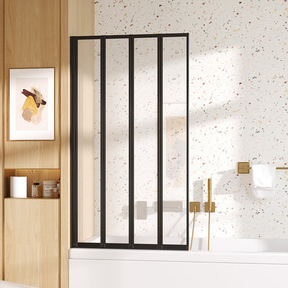 Four-panel folding over bath shower screen by Garden Sanctuary with clear glass and chrome hinges for easy bathroom use.