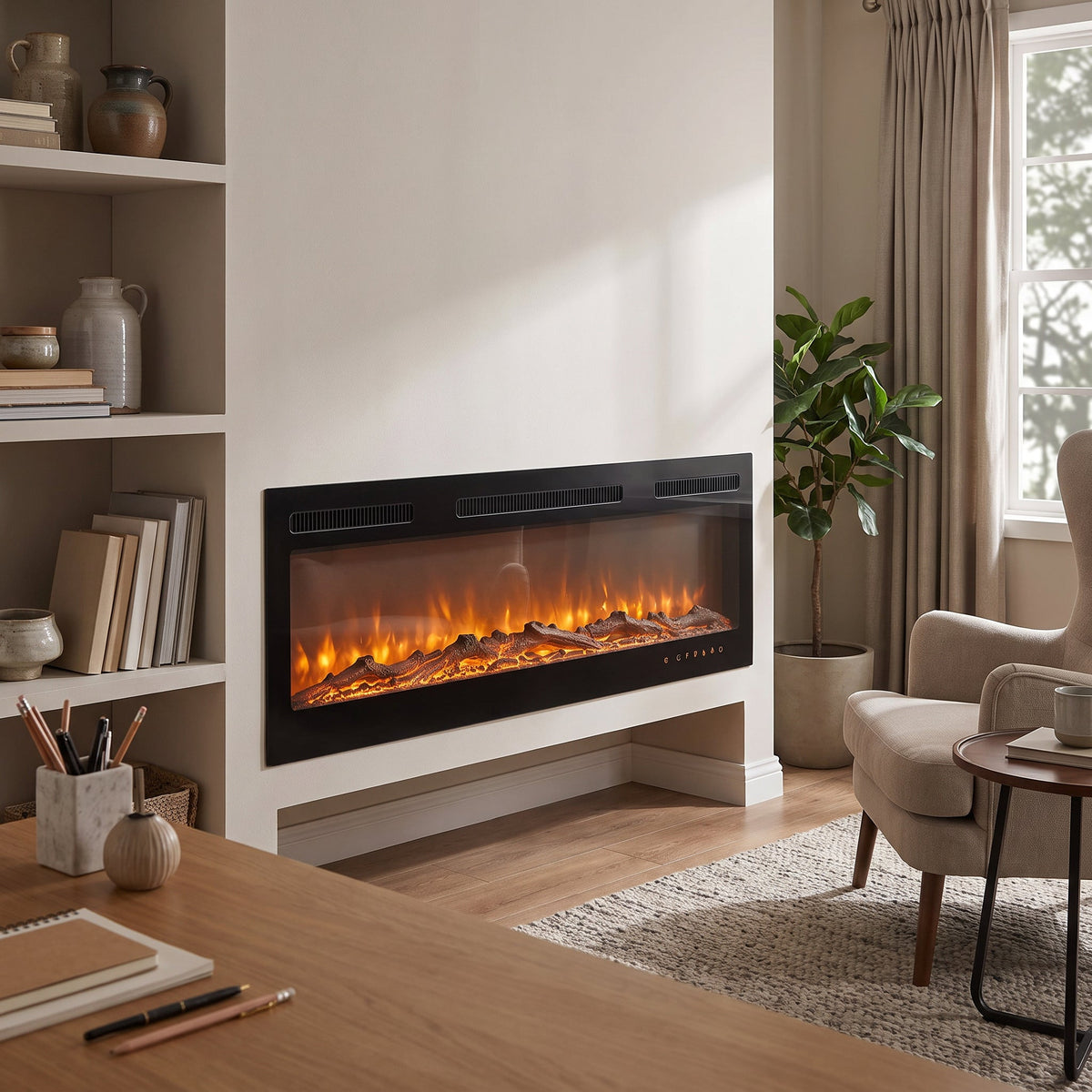 Garden Sanctuary 40-70 inch freestanding electric fireplace with realistic flames and 12 color options for cozy warmth and ambiance.